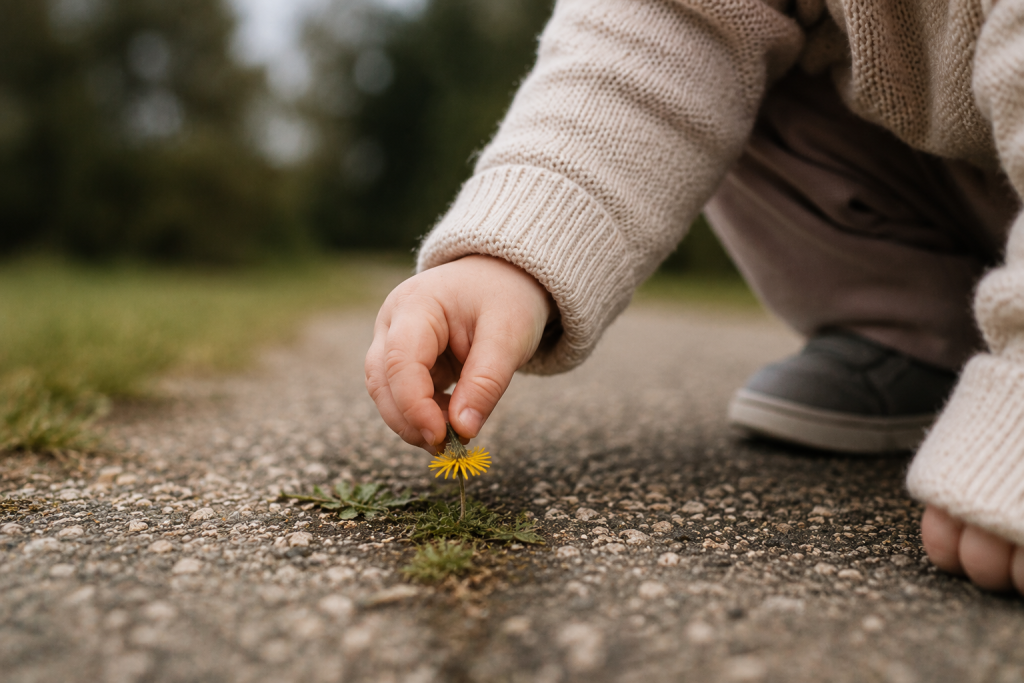 Kleinkind entdeckt eine kleine Blume am Wegesrand – achtsamer Familienalltag und bewusste Momente mit Kindern