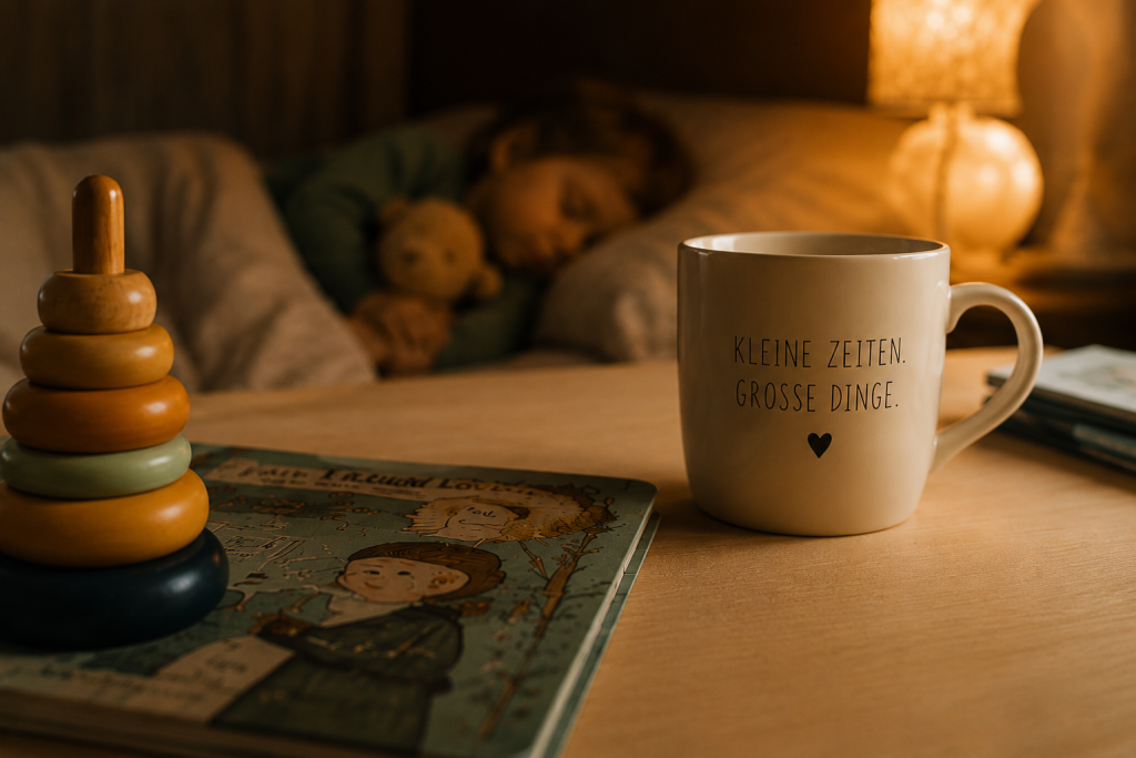 Gemütliche Abendstimmung mit schlafendem Kleinkind, Kinderbuch und Kaffeetasse – ruhige Abendroutine für Eltern