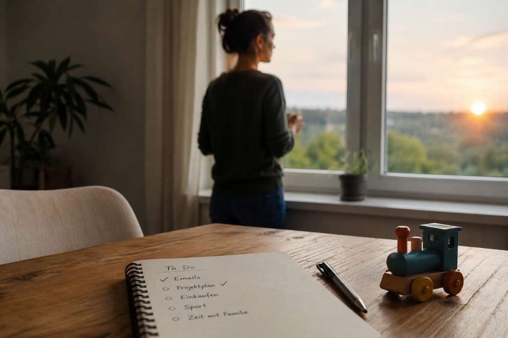 Eine ruhige, minimalistische Szene: Eine Person steht am späten Nachmittag am Fenster und schaut nachdenklich nach draußen. Auf einem Tisch liegt ein Notizbuch mit einer ToDo-Liste, einige Punkte sind offen geblieben. Daneben liegt ein kleines Kinderspielzeug. Die Stimmung vermittelt Reflexion, Klarheit und bewusste Entscheidung. Natürliches Licht, realistische Fotografie, warme neutrale Töne, authentischer Alltag, keine perfekte Ordnung.