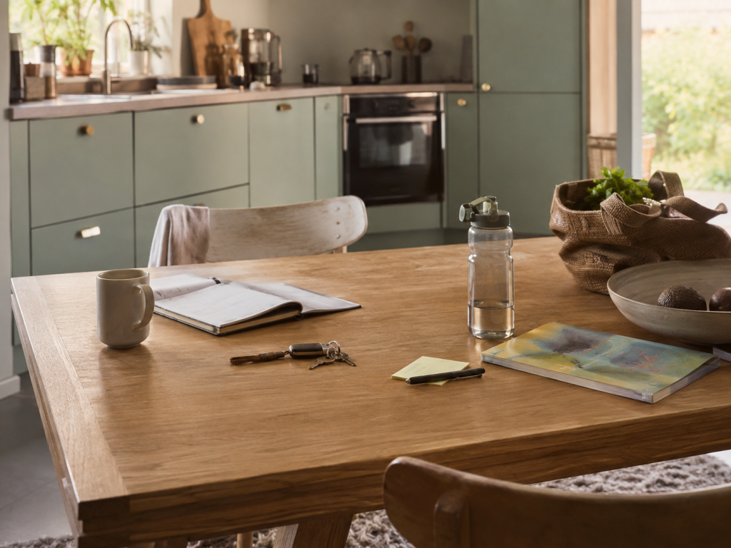 Realistisches Lifestyle-Foto eines Familienalltags: Ein Esstisch oder Küchentisch mit einer Mischung aus geordneten und spontanen Dingen des Tages – ein Kalender, Schlüssel, eine Trinkflasche, ein Kinderbuch, eine Einkaufstasche, ein Notizzettel und persönliche Gegenstände. Die Gegenstände liegen nicht chaotisch, sondern zeigen, dass viele Bereiche gleichzeitig passieren. Ein Teil des Tisches wirkt bewusst frei und strukturiert, während andere Dinge den dynamischen Alltag zeigen. Warmes natürliches Licht, ruhige Atmosphäre. Keine Texte, keine Logos, keine gestellte Szene. Hochwertige Magazin-Fotografie. Seitenverhältnis 4:3.