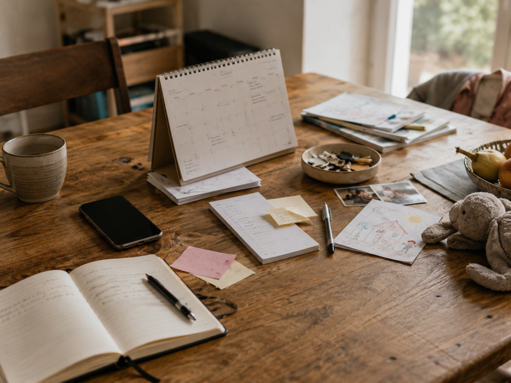 Realistisches Lifestyle-Foto eines Alltagstisches mit vielen kleinen Organisationsgegenständen: mehrere Notizzettel, ein Kalender, ein Stift, ein Smartphone, ein Notizbuch und persönliche Dinge des Familienlebens. Die Gegenstände sind nicht chaotisch, sondern zu sorgfältig sortiert, als würde jemand versuchen, alles perfekt zu ordnen. Ein kleiner Bereich bleibt bewusst frei und unberührt als Symbol für Entlastung. Natürliches Licht, warme Farben, ruhige Atmosphäre. Keine lesbaren Texte, keine Logos. Das Bild soll vermitteln: Der Versuch, alles besser zu machen, kann selbst Energie kosten. Hochwertige Editorial-Fotografie. Seitenverhältnis 4:3.