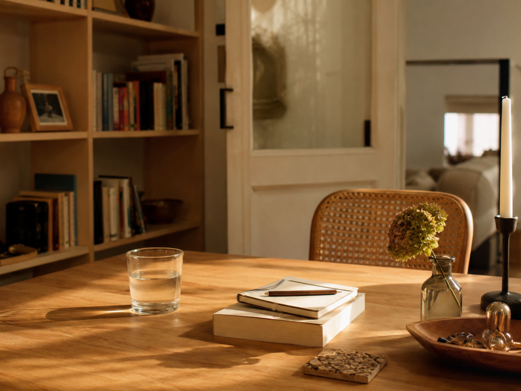 Realistisches, ruhiges Foto aus einem Familienalltag: Eine gemütliche Wohnsituation mit einem Tisch, auf dem nur wenige Dinge liegen – eine Tasse, ein Buch, ein Notizbuch, Schlüssel und einige persönliche Gegenstände. Die Umgebung wirkt gelebt und angenehm, nicht perfekt inszeniert. Die Szene vermittelt Ruhe, Stabilität und das Gefühl, dass nicht alles verbessert werden muss. Warmes Tageslicht, natürliche Wohnatmosphäre, minimalistischer aber echter Stil. Keine sichtbaren Texte, keine Logos, keine gestellte Produktivitätsszene. Hochwertige Magazin-Fotografie. Seitenverhältnis 4:3.