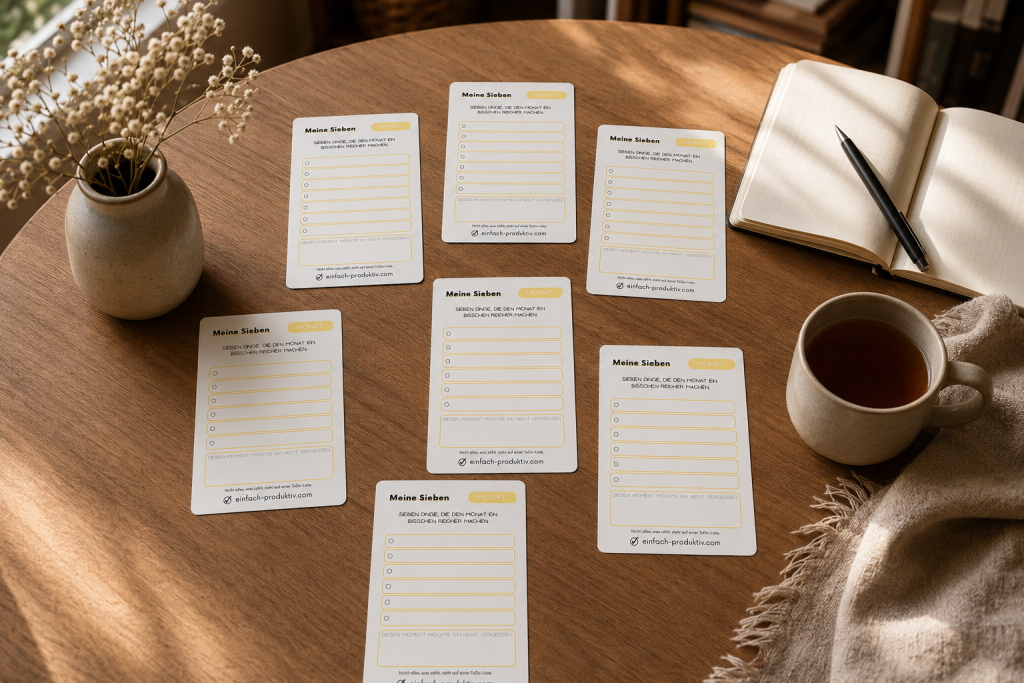realistisches Lifestyle-Foto für ein monatliches Reflexionsritual. Zu sehen ist ein aufgeräumter Tisch mit sieben einzelnen Karten oder Papierkarten, die kreisförmig oder nebeneinander angeordnet sind. Daneben liegen ein Stift, ein Notizbuch und eine Tasse Tee. Die Karten sollen leer sein oder nur abstrakte Linien enthalten, keine lesbaren Wörter. Die Szene vermittelt: "Sieben Momente auswählen, die einen Monat besonders machen". Modern, minimalistisch, hochwertig, warmes natürliches Licht, ruhige Atmosphäre, Inspiration statt Planung. Keine Produktwerbung, kein Bürogefühl, keine Logos.